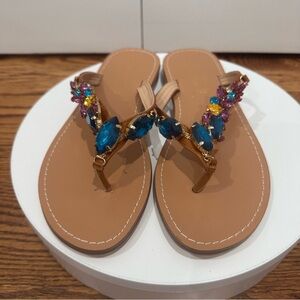 NWOT Antica Santoria Handmade Tan Italian Leather Thong Sandals Gemstone Size 39